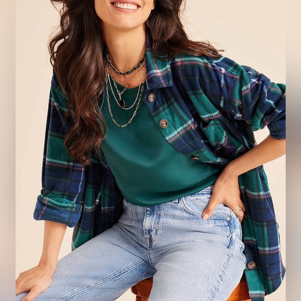 Maurices Wilder Plaid Fleece Shacket Dark Green Oversized Medium Women’s